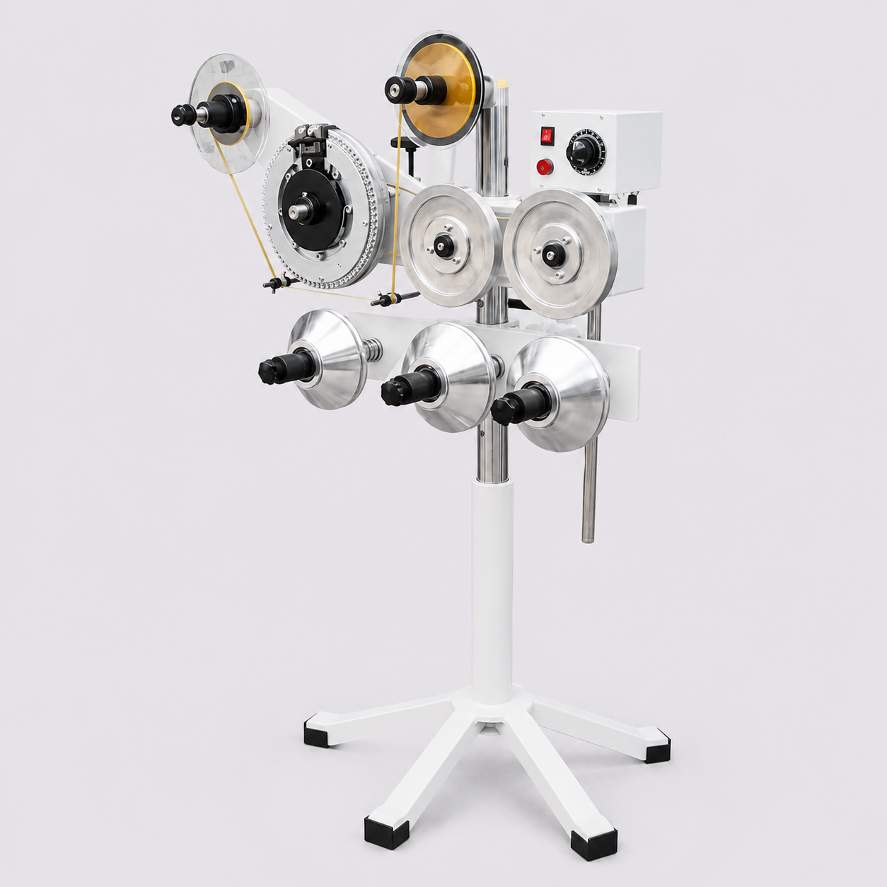 PlasIndra hot embossing machine with stereo-and-type wheels and reel feed on an adjustable stand