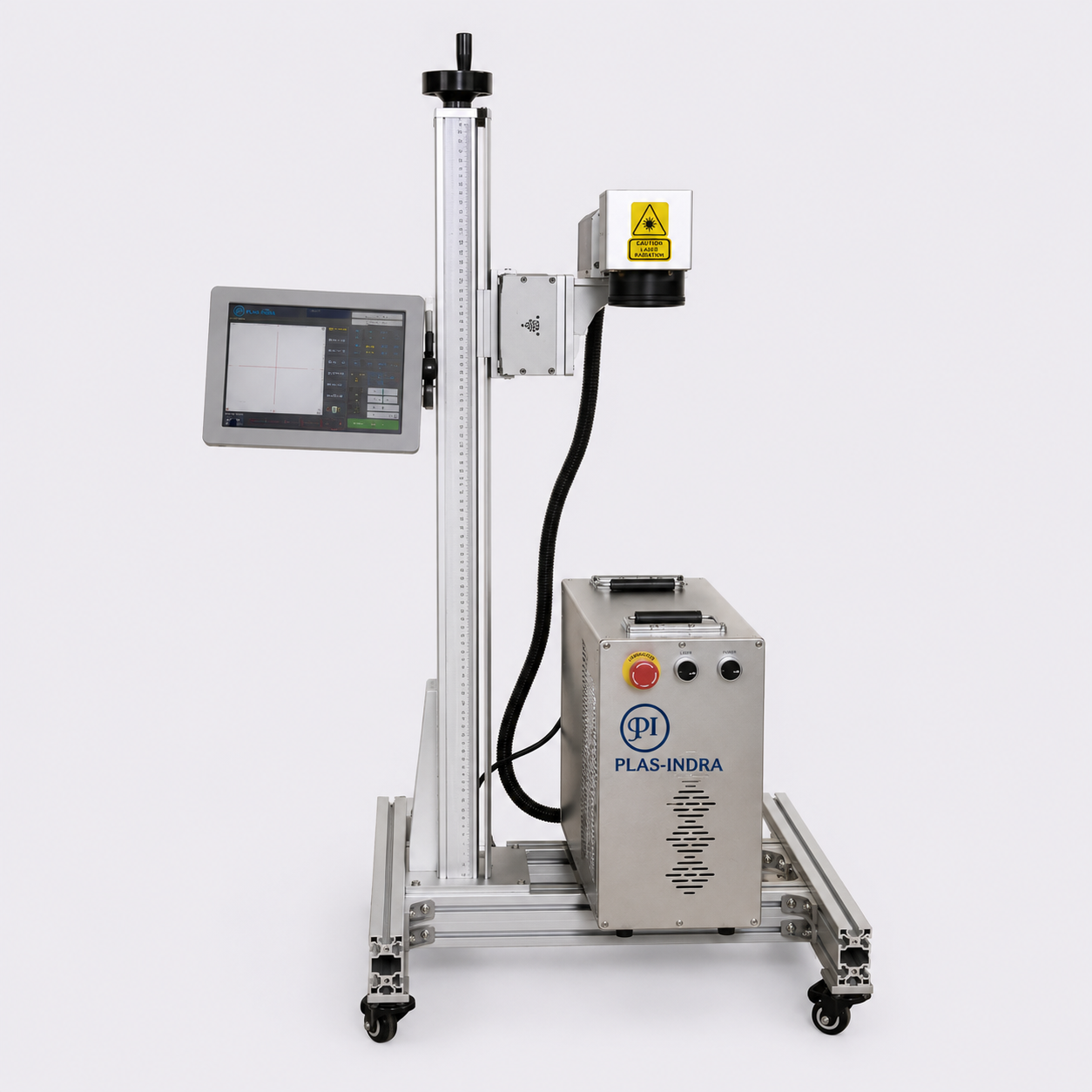 PlasIndra open-type fiber laser marking head on a height-adjustable column with touchscreen, on a mobile frame