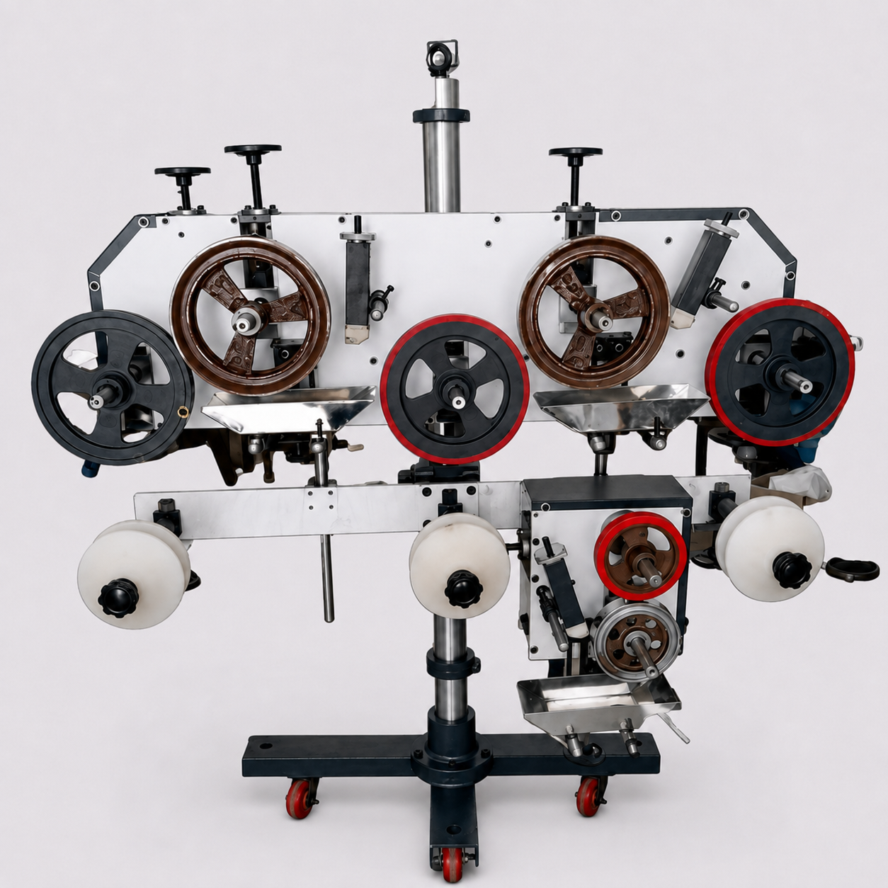 PlasIndra wheel-and-ink printing machine with inking wheels, ink trays and guide rollers on a mobile stand